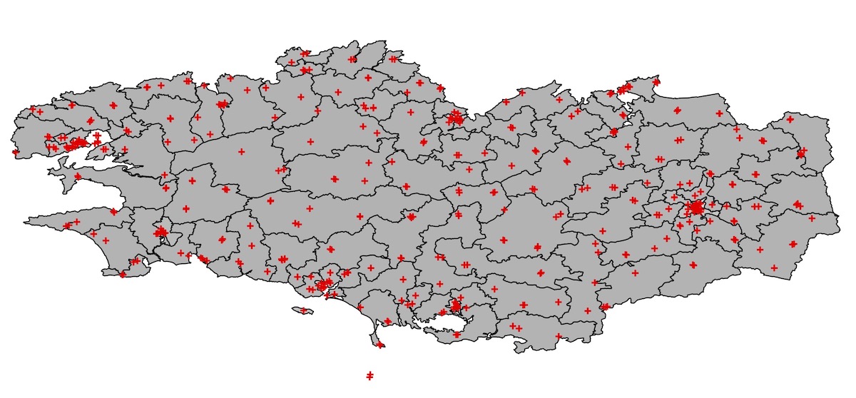 School positions in the Rennes school administrative area. The image shows the Bretagne region of France with the borders of the city districts as well as red crosses for marking the schools.